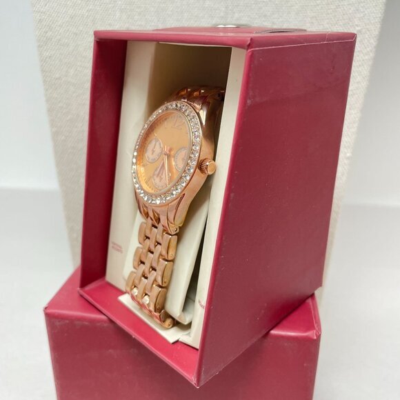 Merona Rose Gold-Tone Crystal Inlay Analog Womens Watch New - Picture 6 of 10